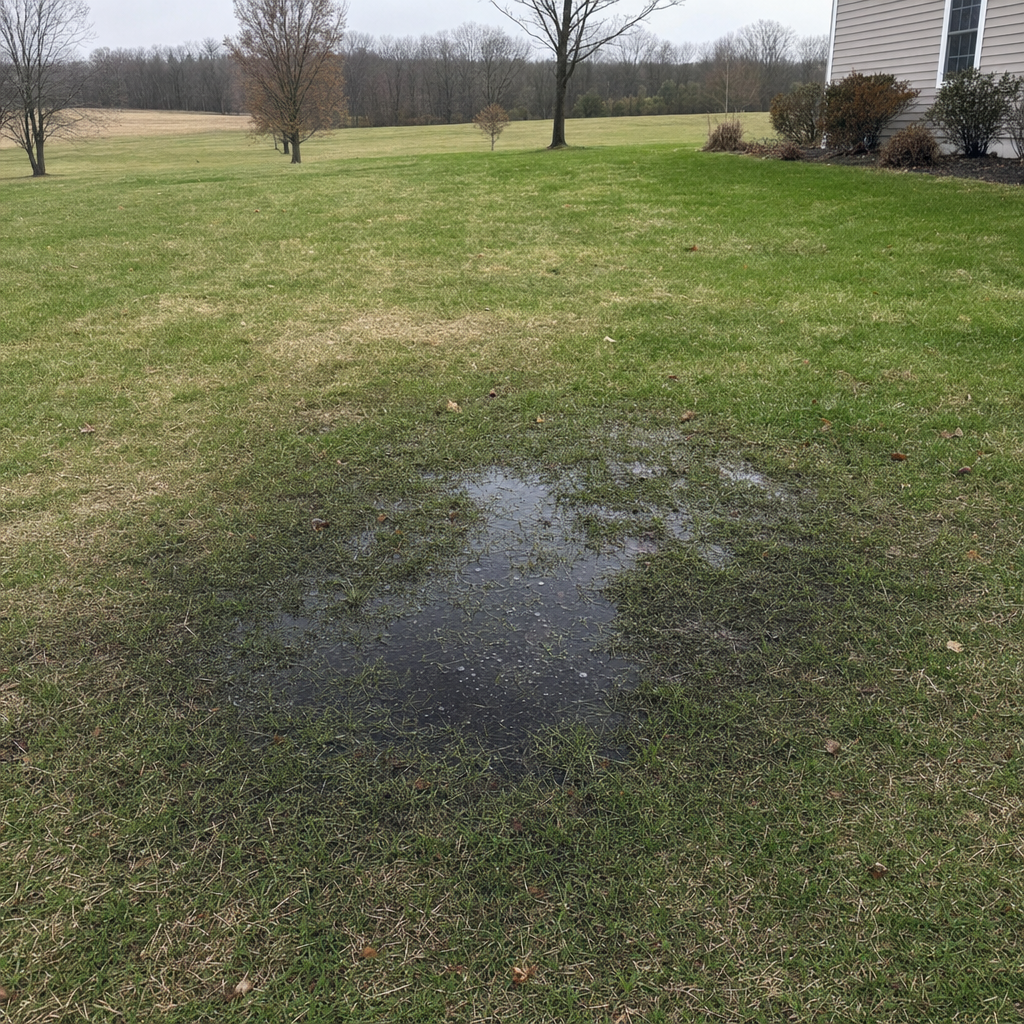 A dark, saturated wet spot in a Arlington backyard lawn marking a failing cesspool at capacity