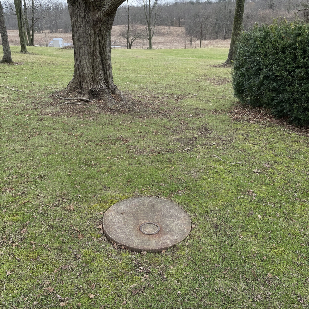 An older round cesspool access lid set flush in an established, mature Arlington backyard lawn
