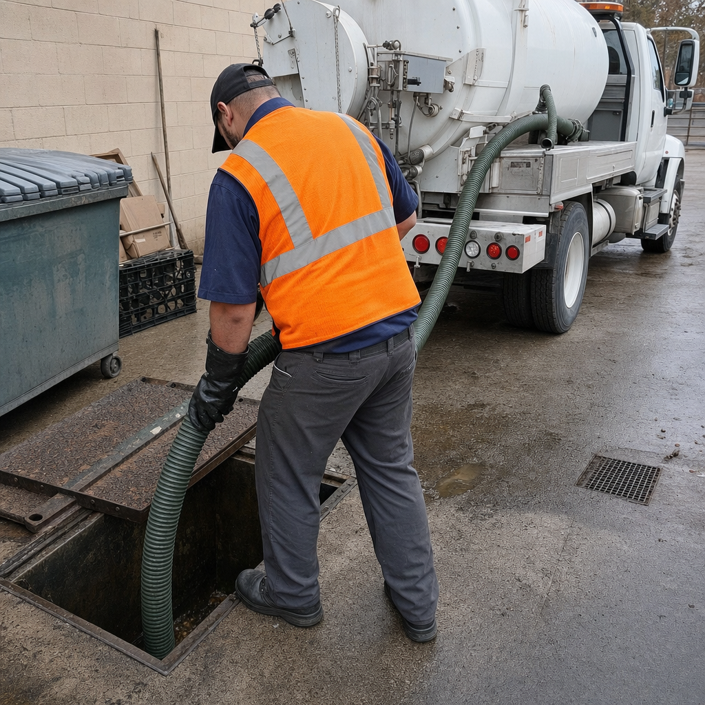 Technician pumping a grease trap behind a Arlington restaurant