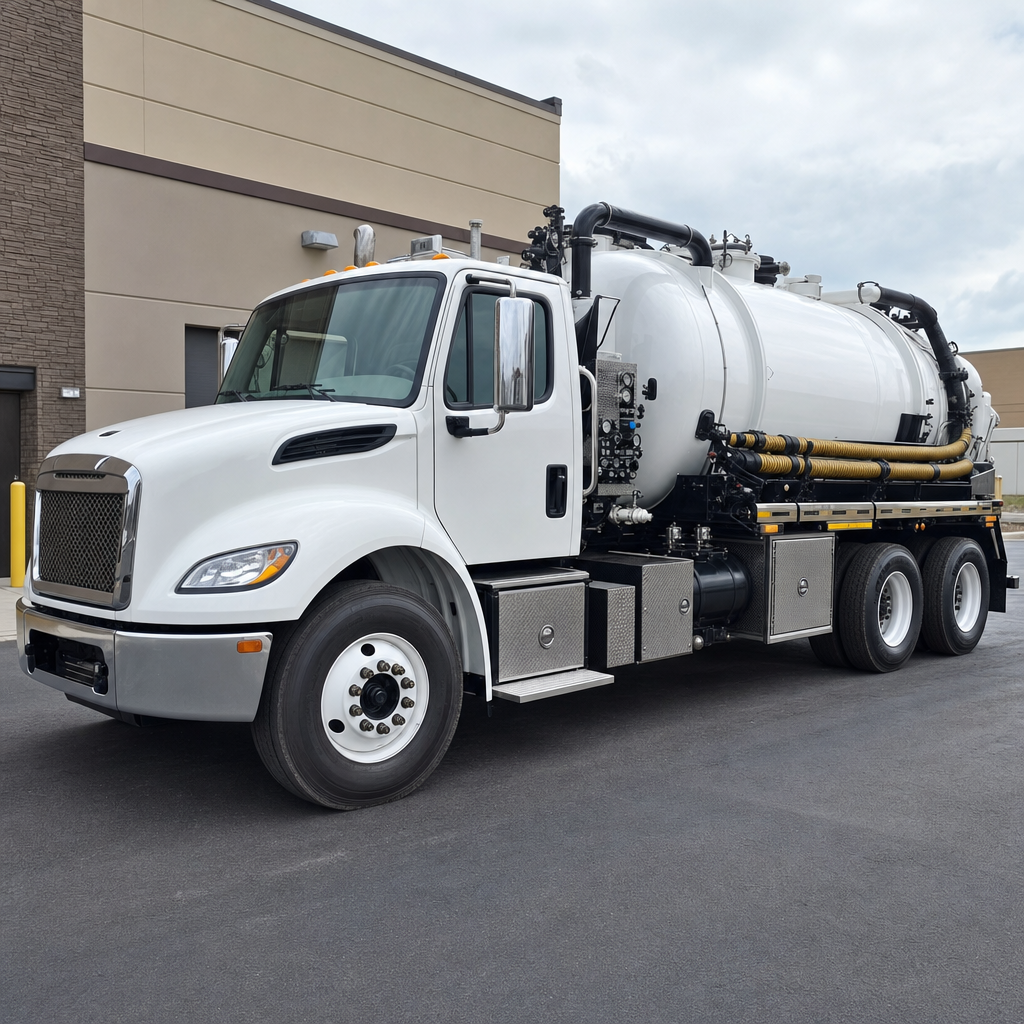 Commercial septic vacuum truck parked in a Arlington business parking lot