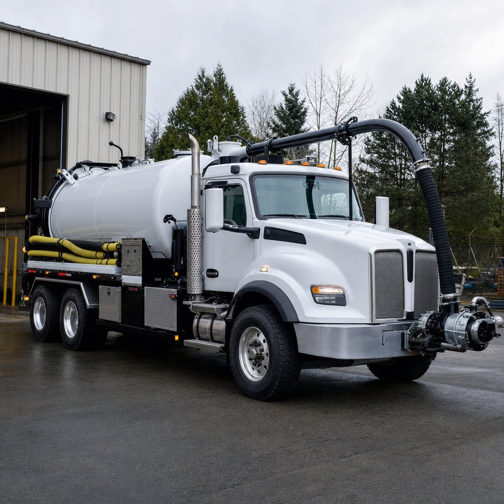 A clean white septic vacuum truck rolling out of a tidy Arlington service depot at the start of the day