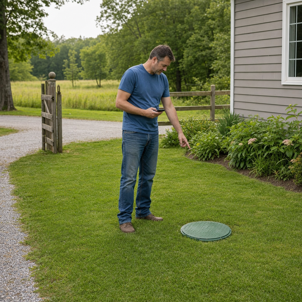 A Arlington-area homeowner standing in the backyard noting where the septic tank lid and access route are located