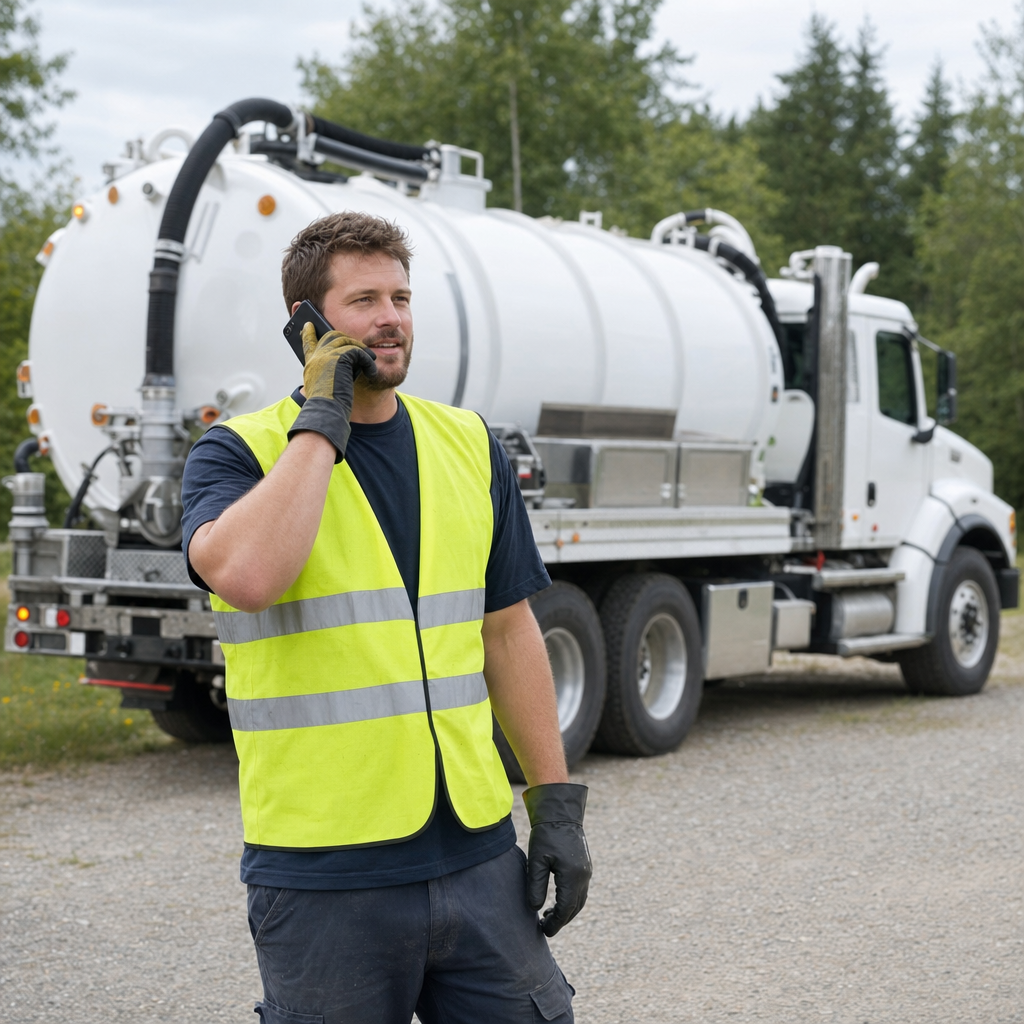 A friendly septic dispatcher holding a phone, ready to answer a Arlington homeowner's call about a pump-out