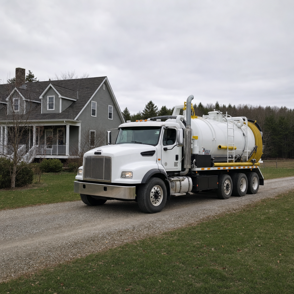 Septic vacuum truck arriving at a Arlington home for same-day emergency service