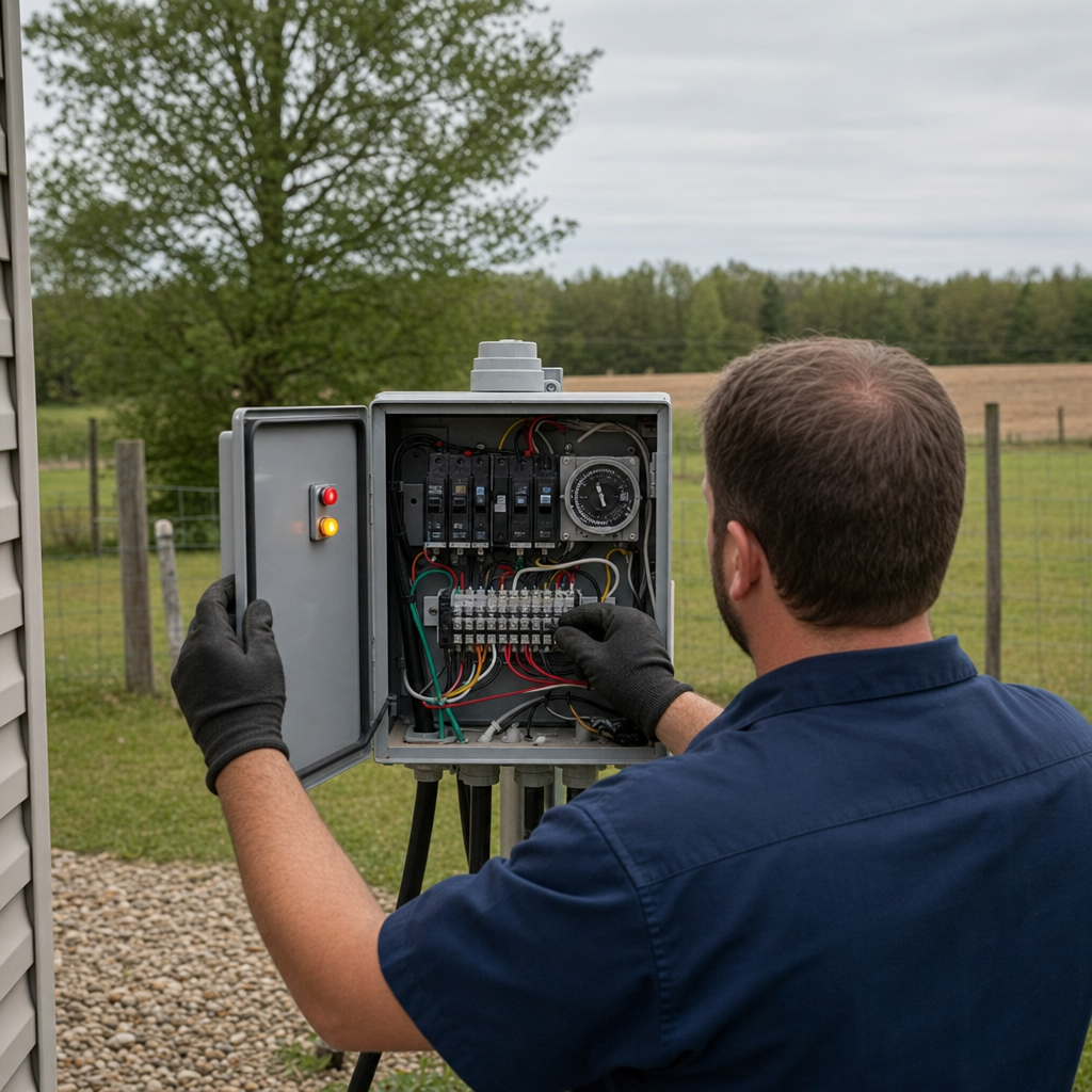 Technician checking an aerobic septic control box with a lit red high-water alarm during a same-day Arlington visit