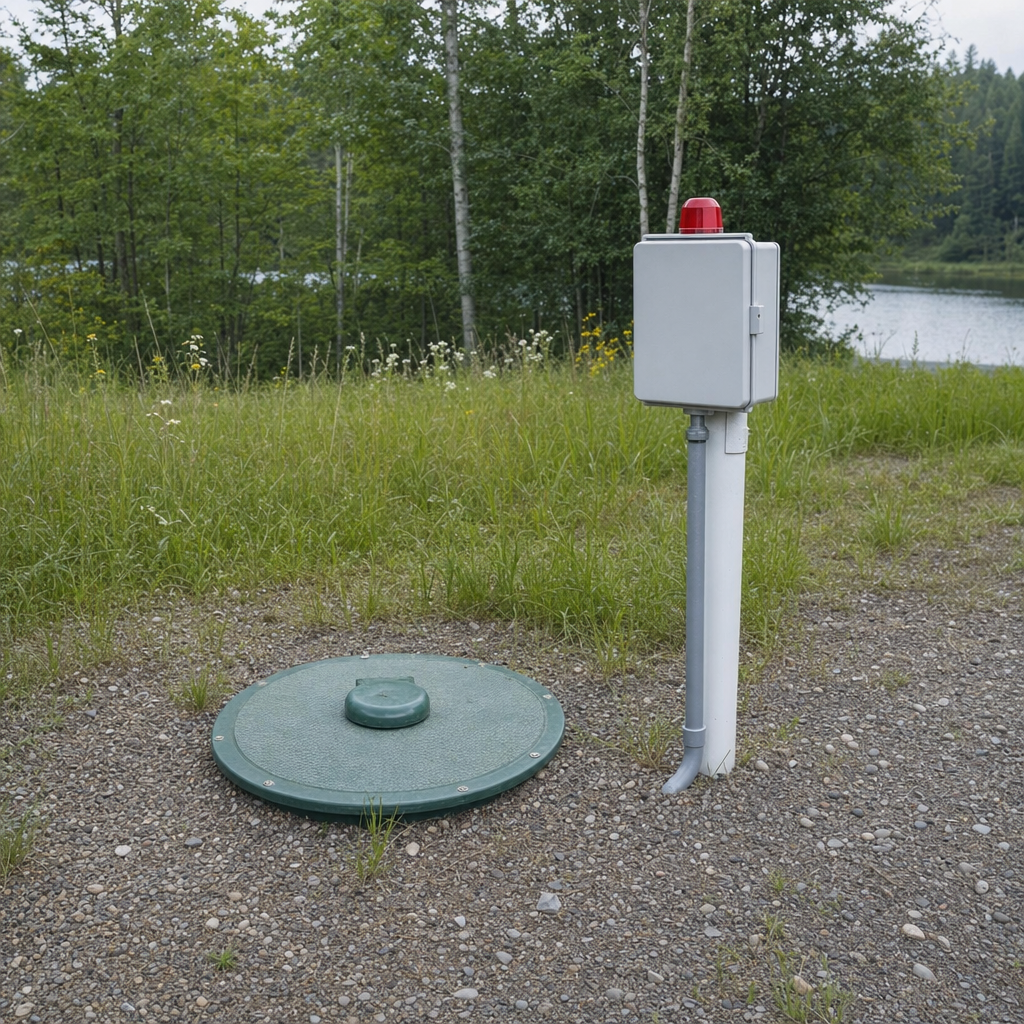 A wastewater holding tank access lid set in the ground at a rural Arlington-area cabin, with a mounted high-level float alarm panel nearby