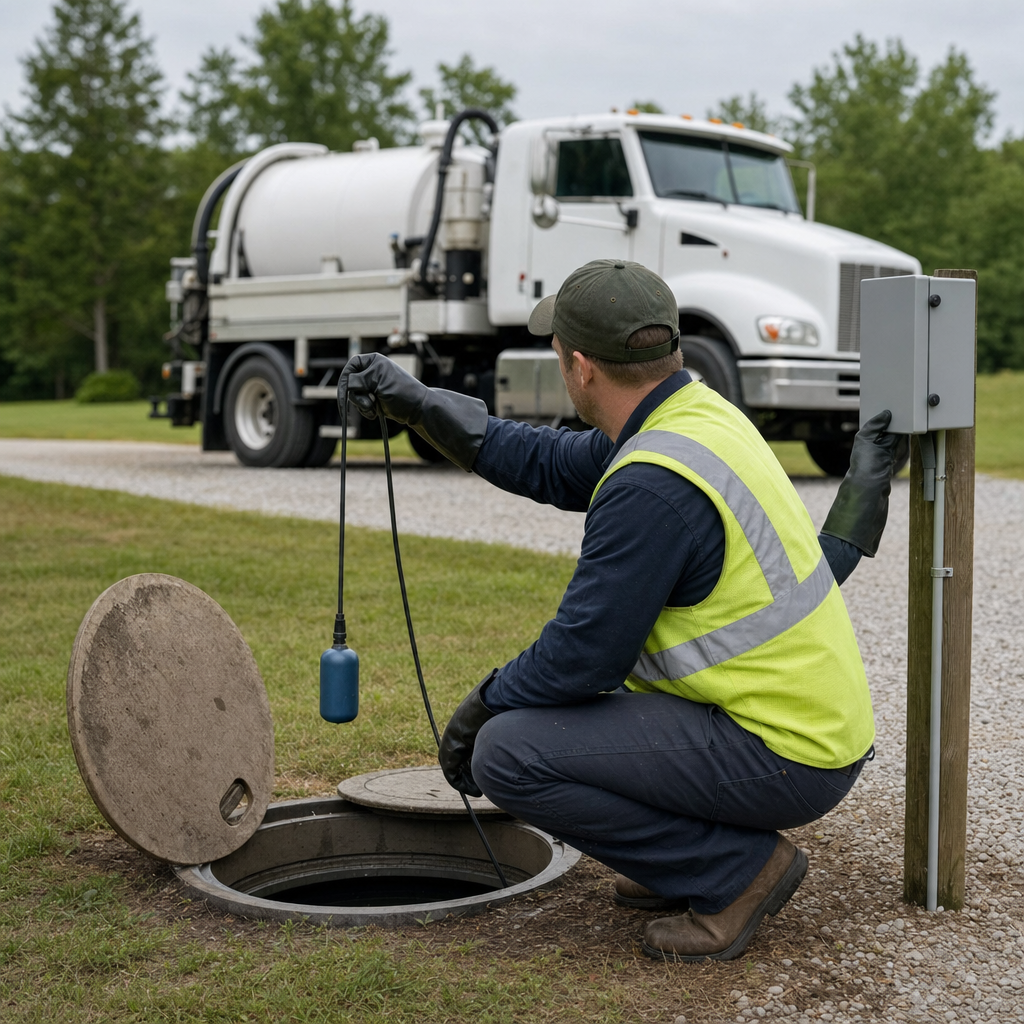 A septic technician in a high-visibility vest checking a high-level float switch and alarm panel on a holding tank at a rural Arlington-area site