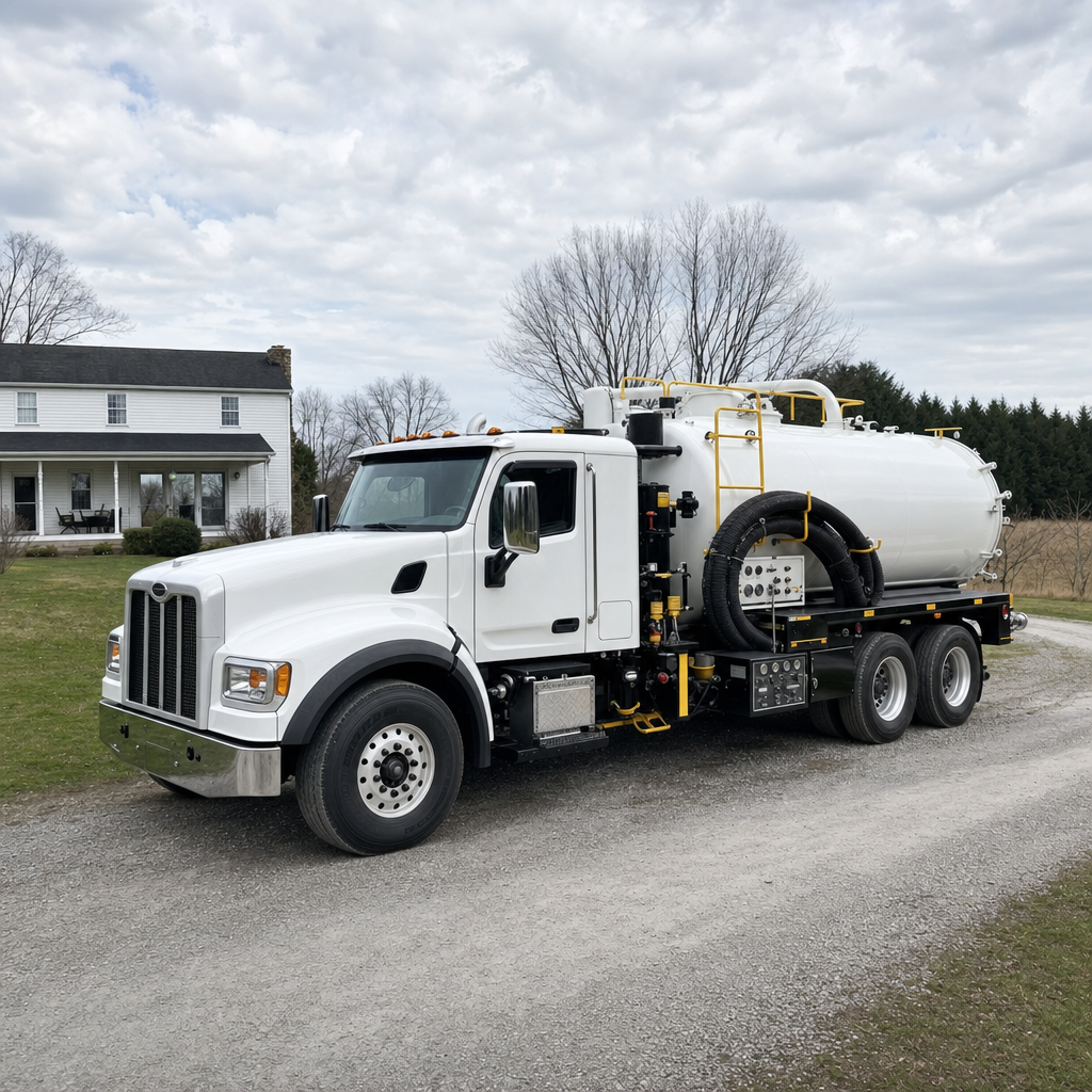 A clean white septic vacuum truck parked on a tidy Arlington driveway with the suction hose neatly coiled