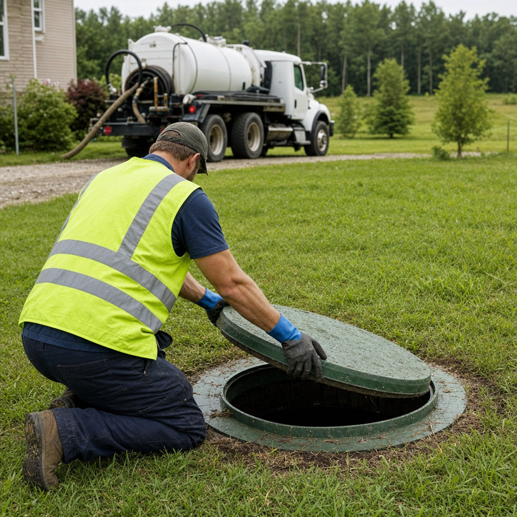 Septic technician kneeling on a Arlington lawn, lifting the access lid on a residential septic tank