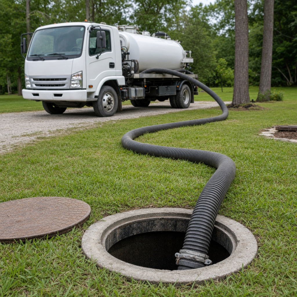 Thick ribbed suction hose lowered into a clean open septic tank port on a tidy Arlington backyard lawn