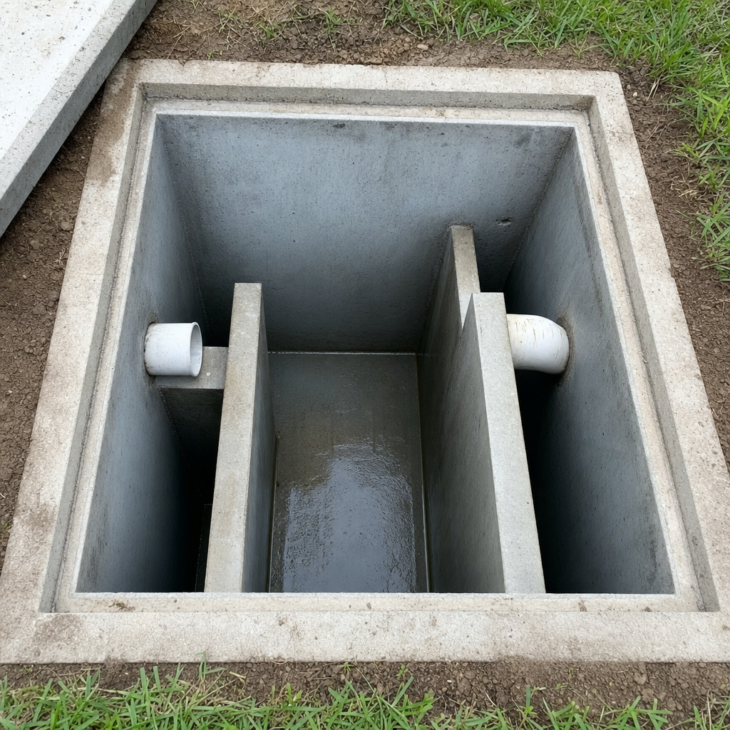 Inspection of the concrete baffles inside an open, emptied and freshly cleaned Arlington septic tank