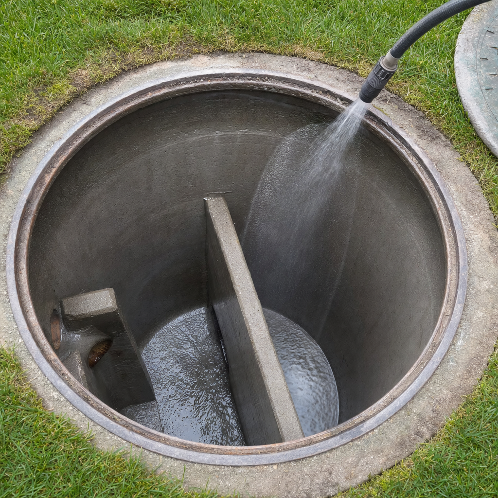 Interior concrete walls of an emptied Arlington septic tank being rinsed clean with the truck's onboard water hose