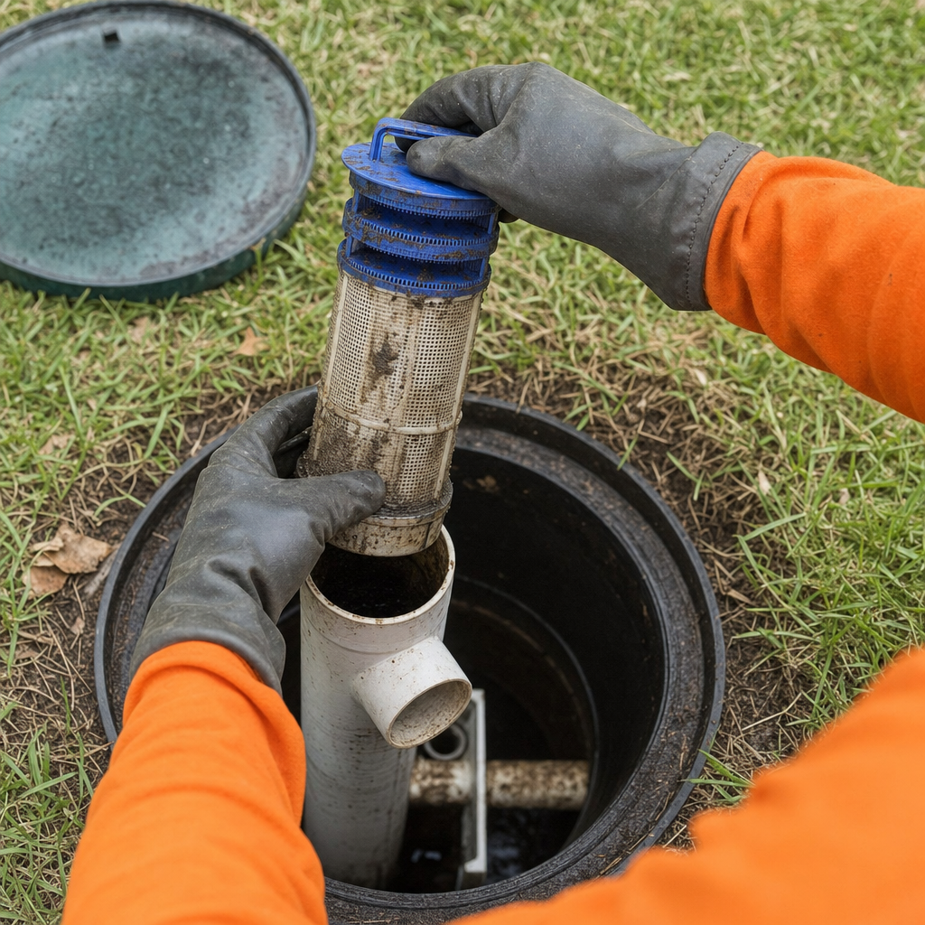 Septic technician's gloved hands lifting the effluent filter cartridge out of the outlet housing on a Arlington septic tank
