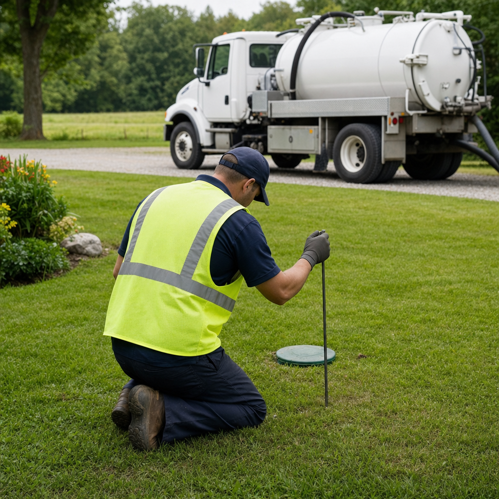Septic technician kneeling on a Arlington lawn, probing to locate and measure the depth of a buried septic tank lid before pumping