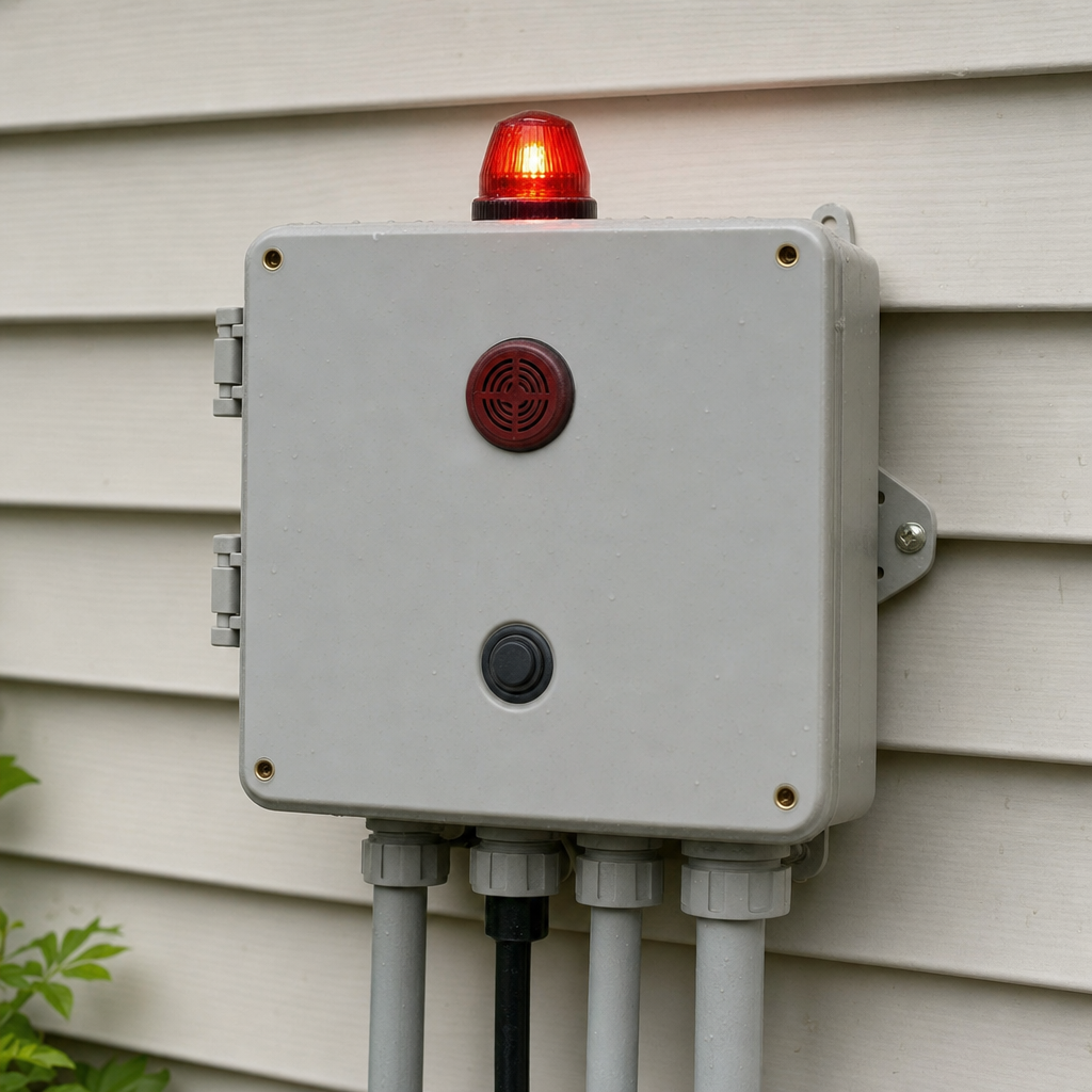 An aerobic septic system control panel mounted outside a Arlington home with its red high-water alarm light lit