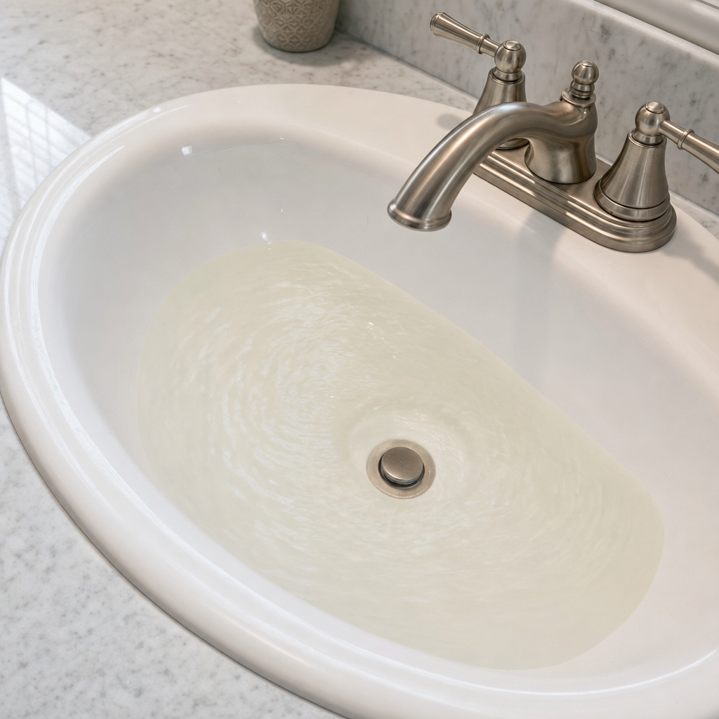 A bathroom sink draining slowly with water pooled in the basin, an early warning sign that a Arlington septic tank is full